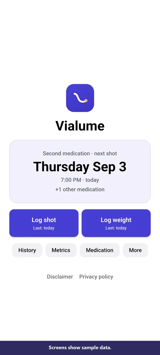 Vialume home screen showing two Medication schedules, the next Shot, and quick logging buttons