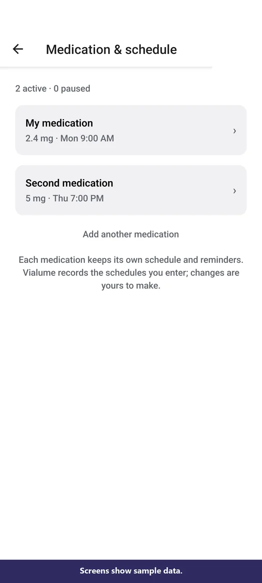 Medication and schedule screen showing two Active Medications with separate times and Intended Doses