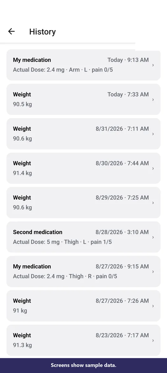Editable History listing Shots and Weight records from a sample journey
