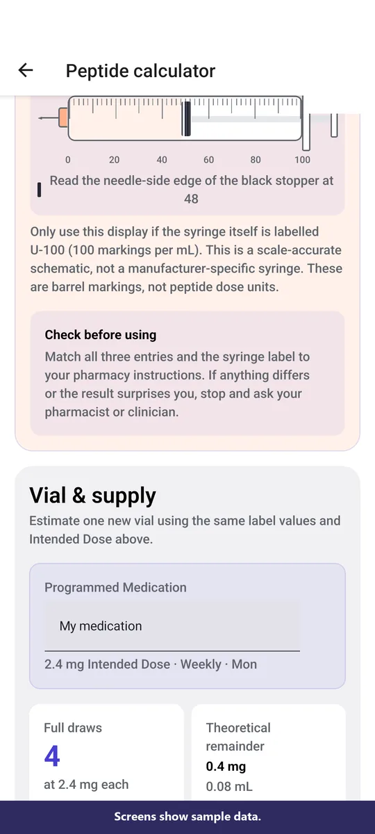 Vial and Supply calculator estimating full draws and theoretical remainder from user-entered values