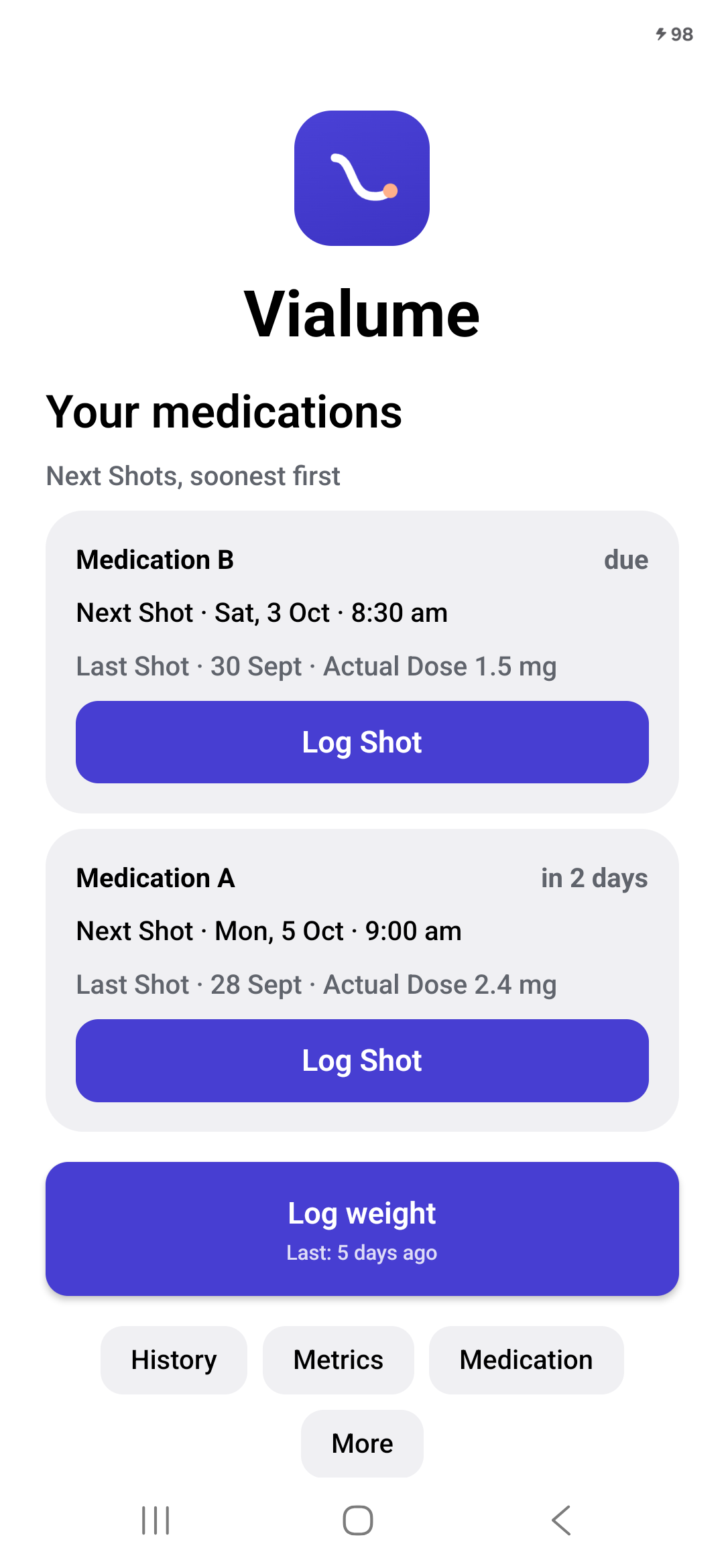 Medication A and Medication B with separate Next Shot and Last Shot cards, using sample data