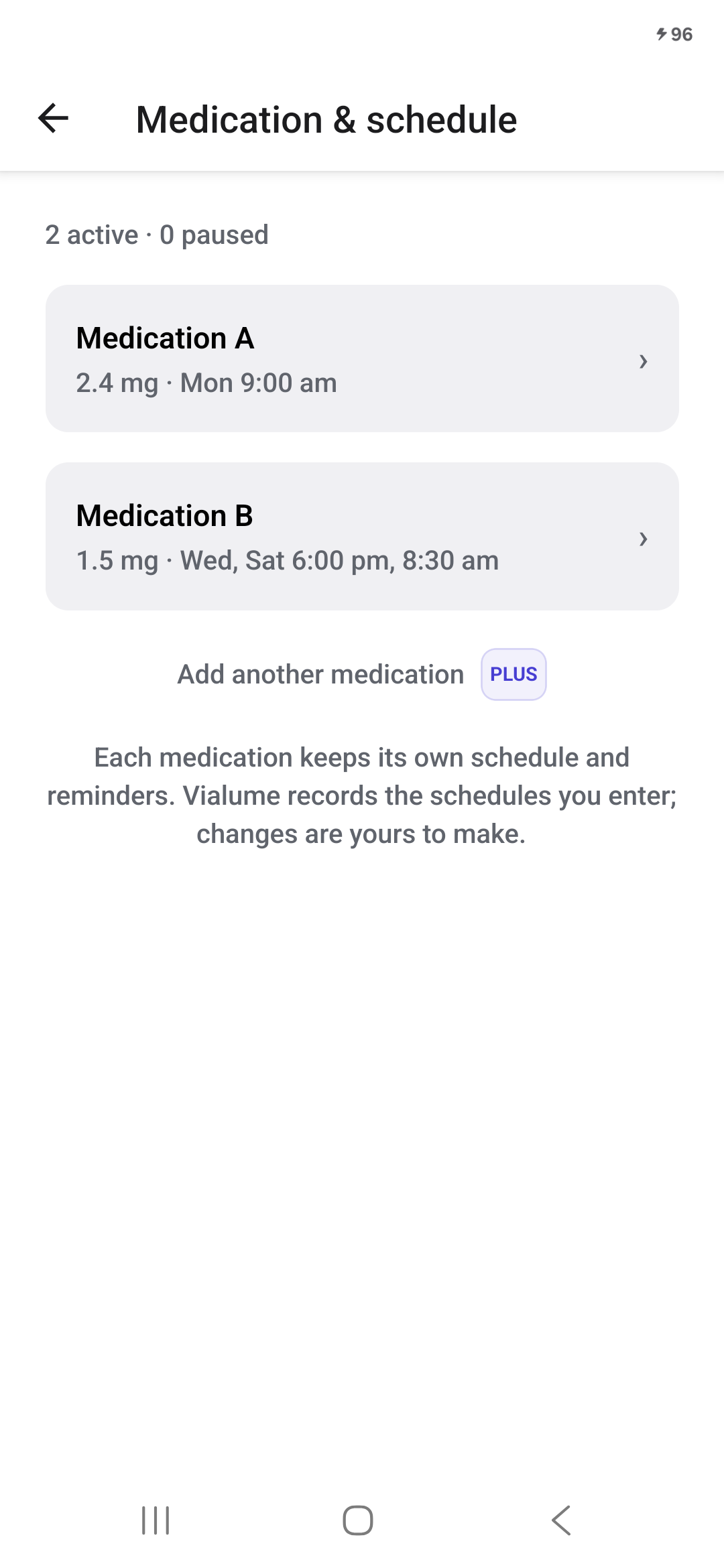 Two Active Medications with separate schedules and reminder times.