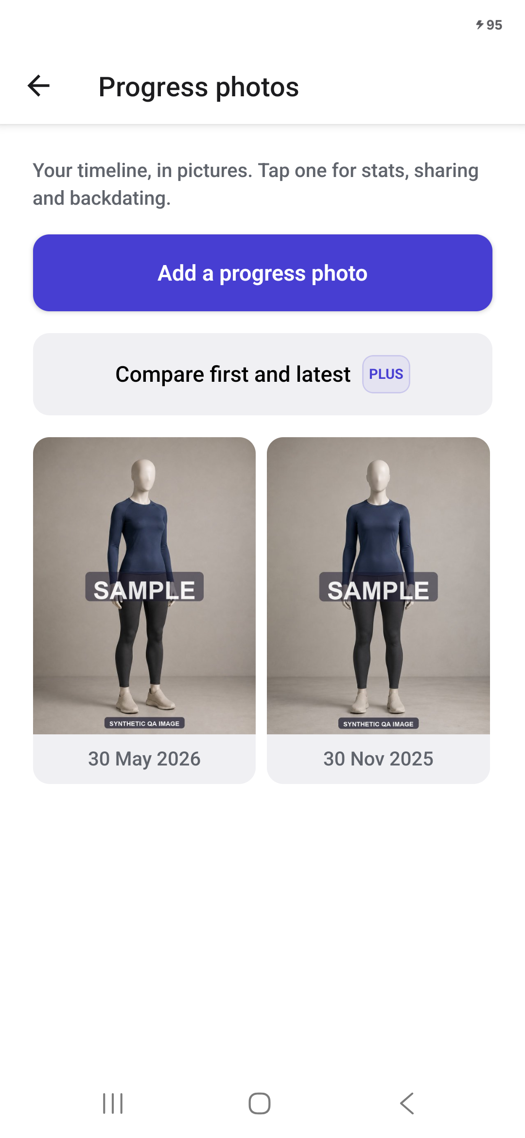 Private Progress Photos timeline containing SAMPLE placeholder figures.