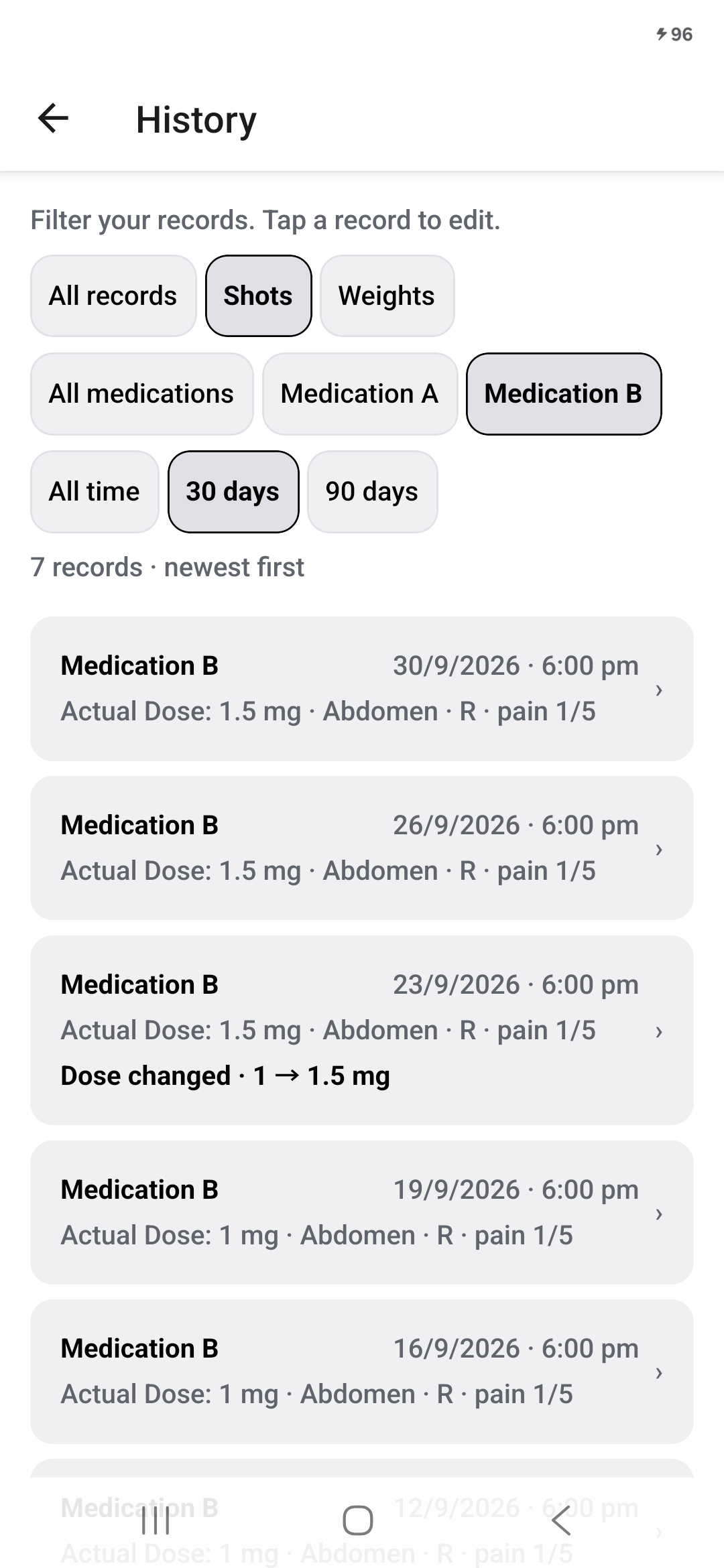 History filtered to Medication B Shots in the last 30 days.