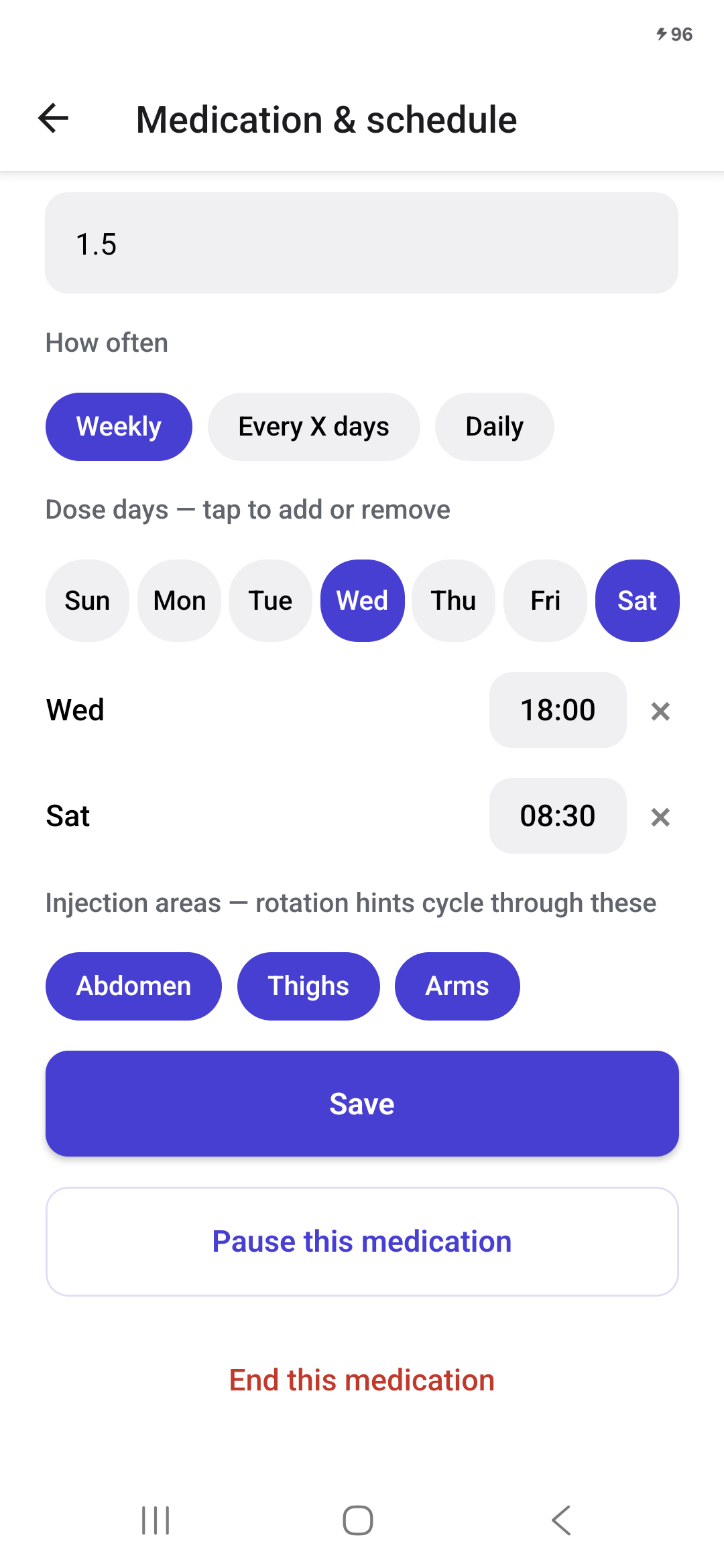 Seven weekdays on one line, with separate Wednesday and Saturday times.