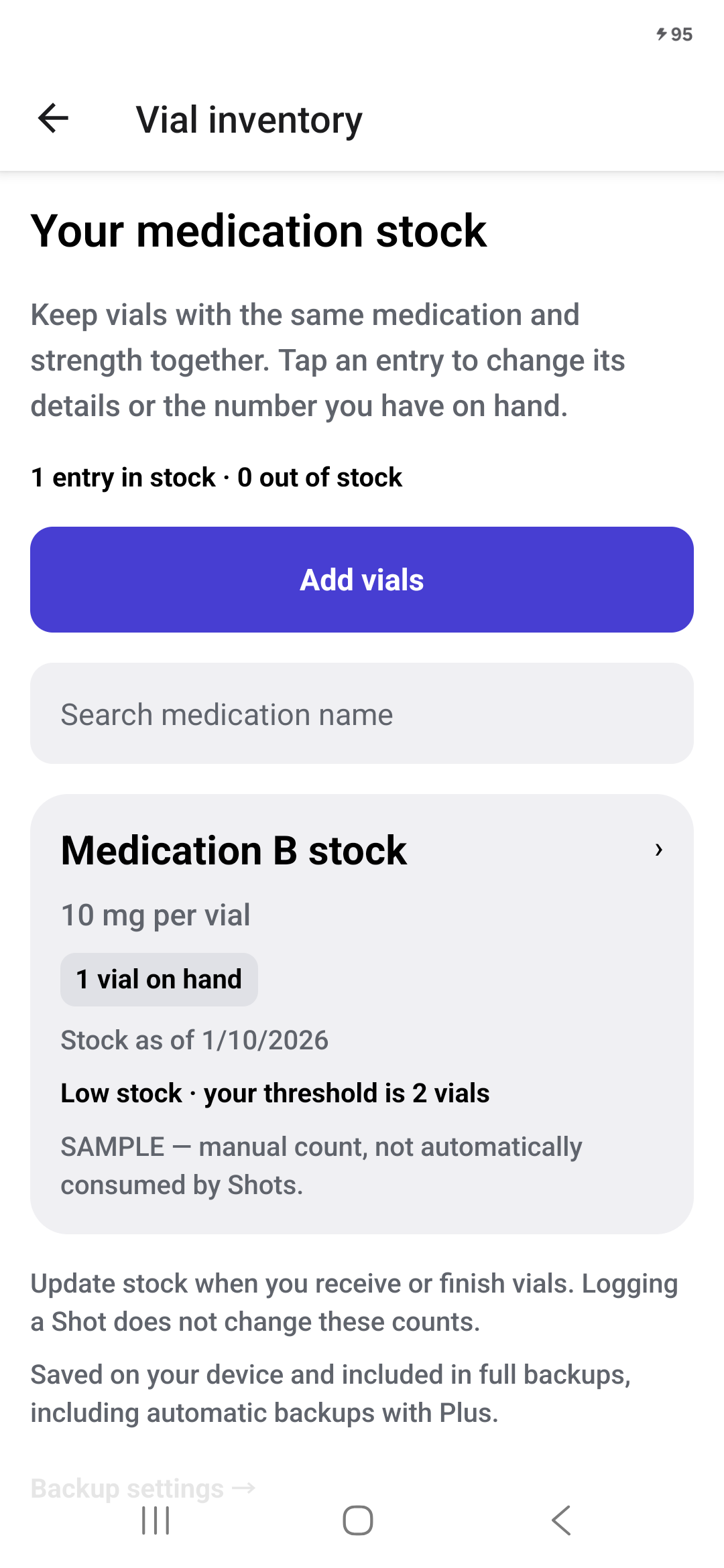 Manual vial inventory with an optional low-stock threshold, using sample data