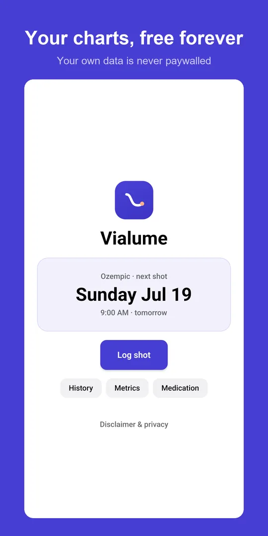 Vialume home screen showing the next-shot countdown